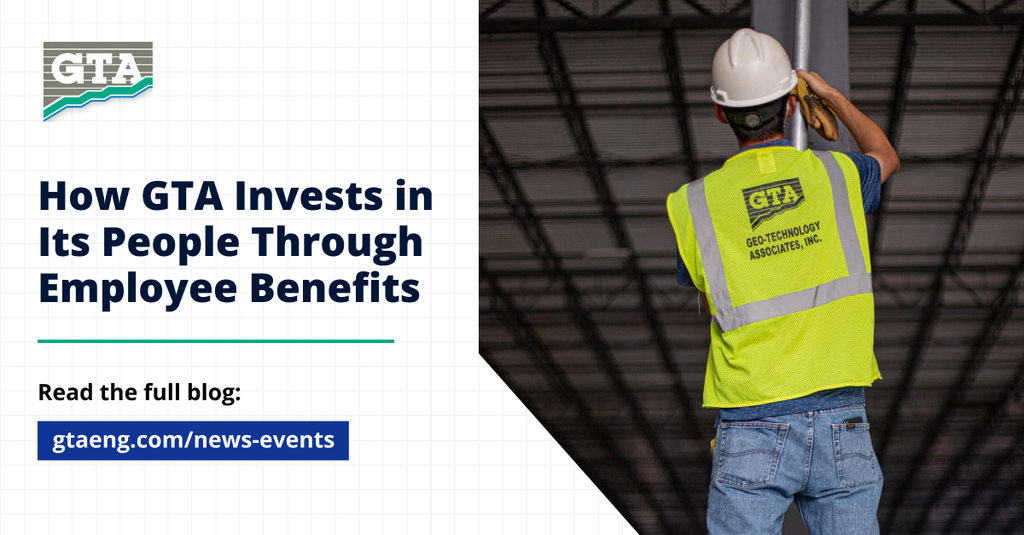 Blog hero for gta how gta invests in its people through employee benefits with gta logo and a construction worker in a safety vest on the right in a warehouse setting